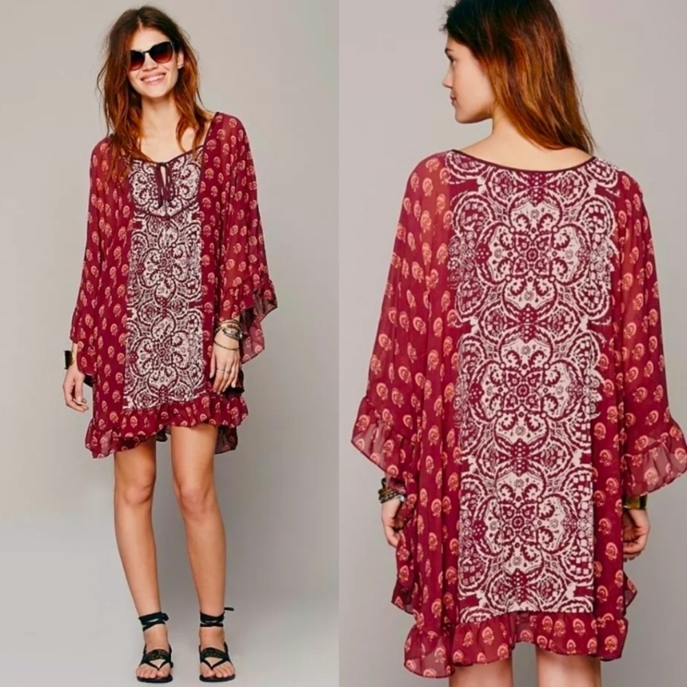 Free People Marla Dreams Red Boho Festival Print Chiffon Tunic Mini Dress